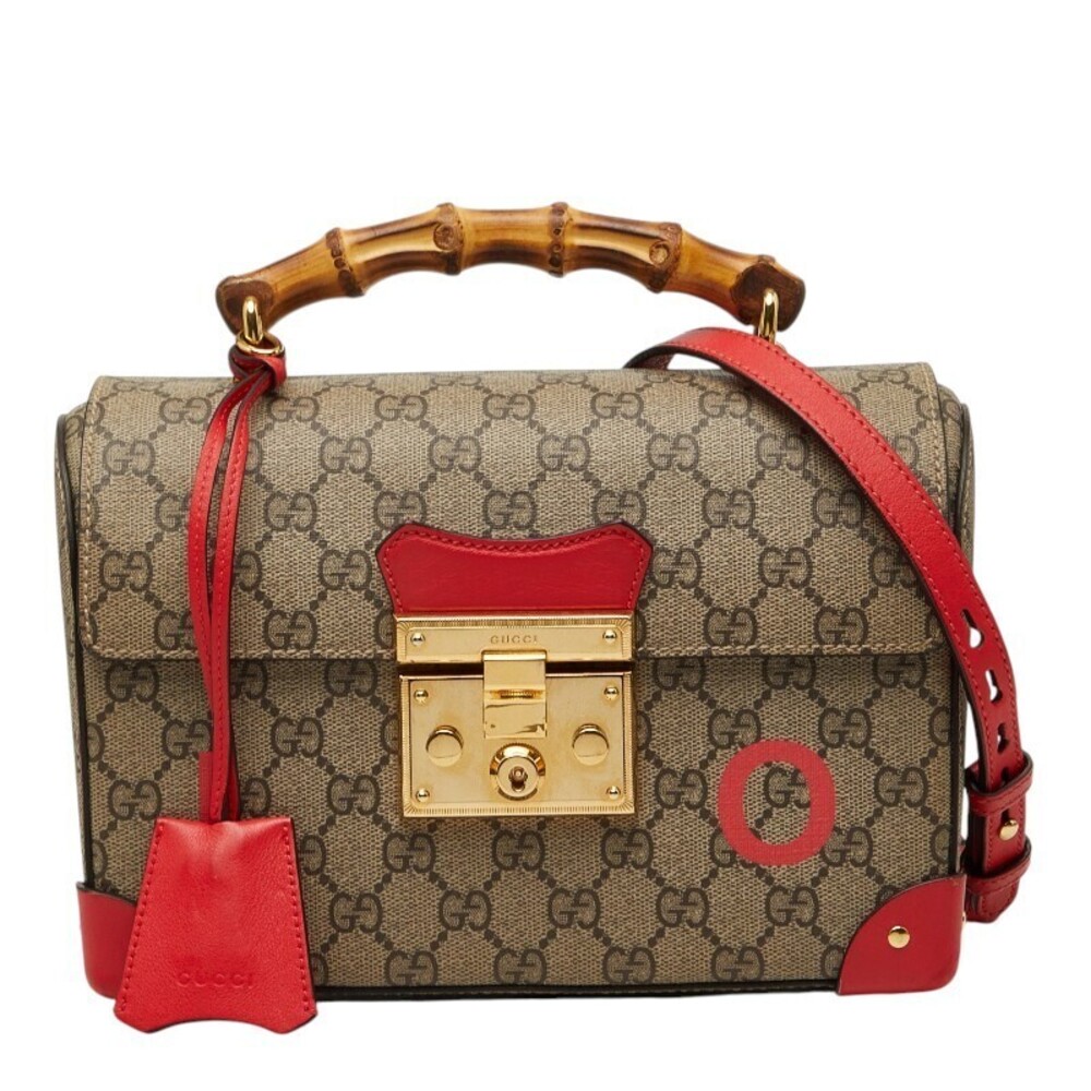 Gucci GG Bamboo Handbag Chain Shoulder Bag Beige Cream Red Leather